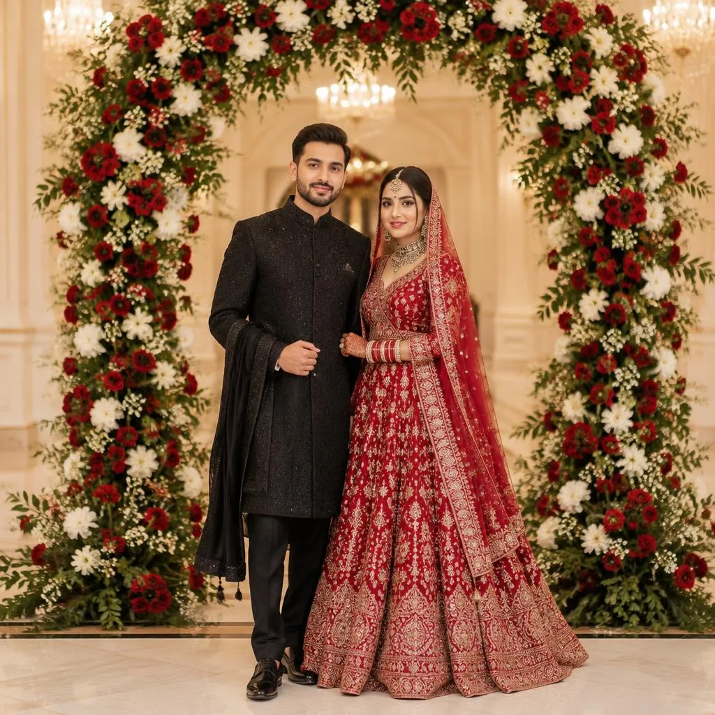 Sample couple under a floral arch